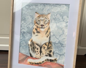 Framed original watercolor snow leopard (snowleopard)