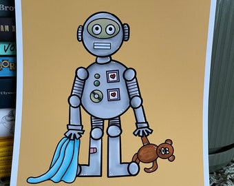 Robot Illustration 8x10 Art Print - Adorable Do-Gooder Robot with Teddy Bear - Support CMHA!