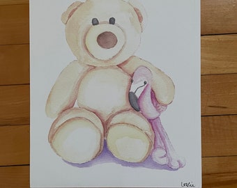 Portrait à l'aquarelle - peinture ours en peluche, cadeau de baby shower