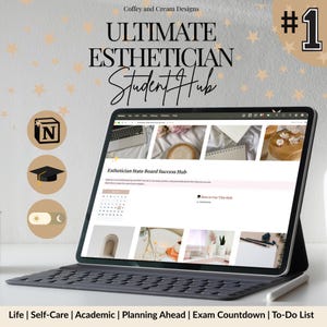 May include: A digital tablet with a keyboard case displays the text "ULTIMATE ESTHETICIAN Student Hub" and "Esthetician State Board Success Hub." The screen shows a website layout with images and text. The background is light gray with star shapes.