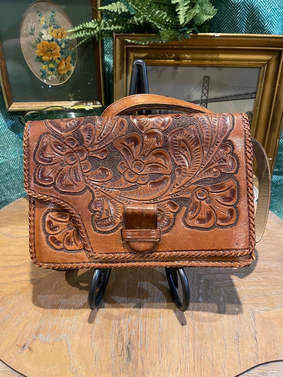 Vintage Leather Handmade Purse, Mexican Tooled Lea