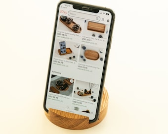 Wooden Phone Stand, iPhone Holder for Desk, Oak or American Walnut Desk Organizer, Office Gift for Him and Her, Mobile Phone Stand Holder