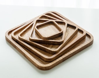 Plateau de service carré en bois de chêne 15 x 15 cm Fabriqué à la main en Europe Beaux accessoires d'espace de travail | Raffiné | Des bords arrondis