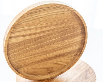 Plateau rond en bois de chêne | Plateau de service | Plateau à collations en bois | Cadeau nuptiale de douche | Organiseur rond en bois | Plateau ottoman | Assiette en bois de chêne