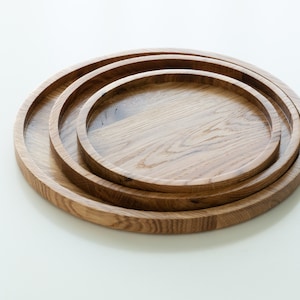 Eikenhouten rond dienblad set van 3, houten bord, serveerplank Handgemaakt Verfijnde opvangbak, houten dienblad, rond houten dienblad
