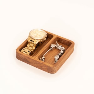Two Chambers Wooden Organizer Oak wood Tray, Plate Natural 10 x 10 cm Desk Accessories | Refined | Rounded Edges Catch All Tray Office Gift
