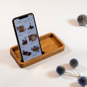 Solid Oak Phone Stand Desk Tray: Modern Office Organizer