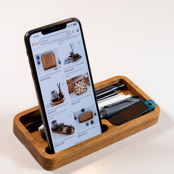 Support pour téléphone fait main en bois de chêne : plateau de rangement pour bureau