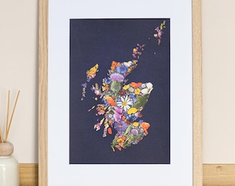 Flowers of Scotland | Floral Scottish Map collage A4 wall print, for nature lovers, Scots