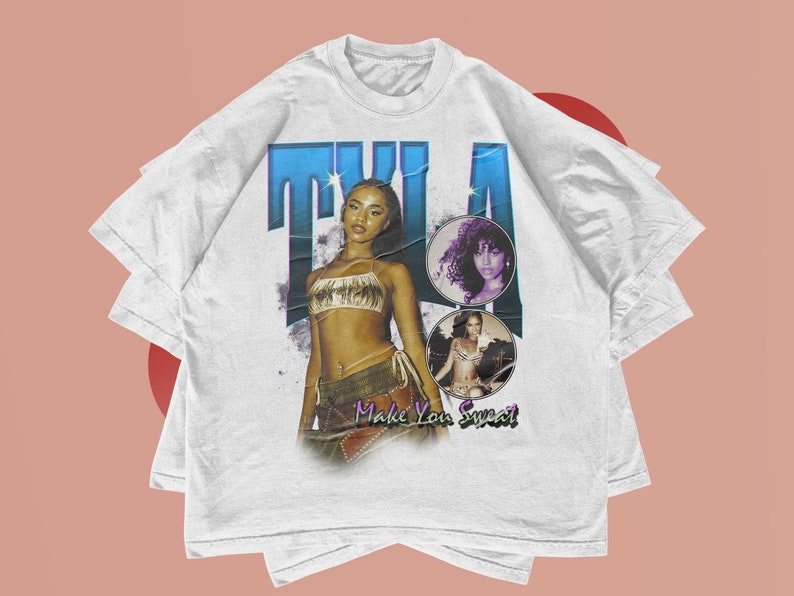 May include: White t-shirt with a graphic print of a woman with the text "T.I.A. Make You Sweat!"