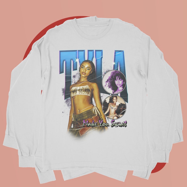 May include: White long-sleeve t-shirt with a vintage-style graphic of a woman with the text "TILA Make You Sweat".