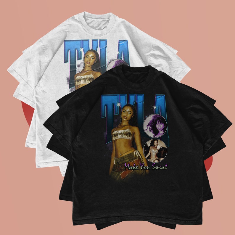 May include: Two t-shirts with a retro design featuring a woman with the text "TILA Make You Sweat". The t-shirts are one white and one black.