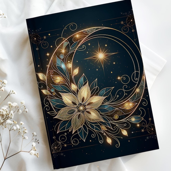 Personalized Celestial Hardcover Journal: Angelic Floral Crescent Moon Planner