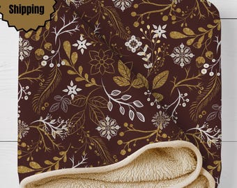 Floral Sherpa Fleece Blanket: Deep Red Winter Throw