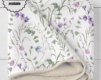 Personalized Floral Sherpa Fleece Blanket: Custom Botanical Throw