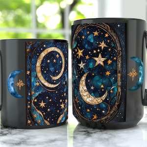 Celestial Stained Glass Coffee Black Mug Celestial Mug Set Stained Glass Tumbler Galaxy Themed Coffee Mug Starry Night Design Cup Faux Stain