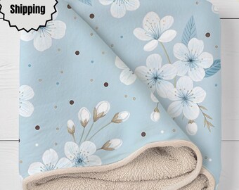 Soft Blue Cherry Blossom Sherpa Blanket, Floral Fleece Throw Blanket