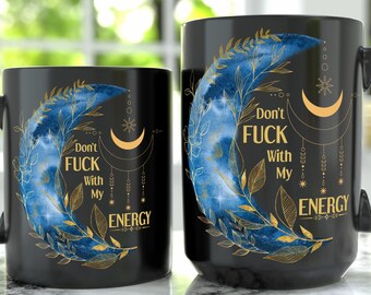 Celestial Moon Black Mug, Funny Spiritual Coffee Cup, Protective Energy