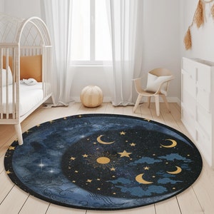 Celestial Moon Phase Round Rug: Galaxy Night Sky Area Carpet (60"x 60")