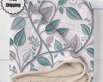 Elegant Botanical Sherpa Fleece Blanket, Vintage Leaf Vine Throw, Cottagecore Floral Blanket