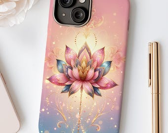 Custodia per telefono con fiore di loto rosa e oro glitterato: elegante custodia protettiva per iPhone e Samsung.