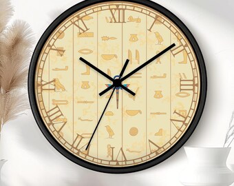Winged Scarab Ankh Hieroglyph Patterns 10" Wall Clock | Ancient Egyptian Revival Decor