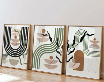 Mid Century Modern Sage Green Canvas Wall Art Boho Prints Green Wall Decor Beige Abstract Wall Art Mid Century Style Painting Botanical Art