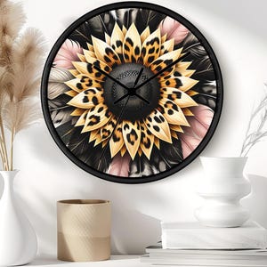 Leopard Print Sunflower Wall Clock: Rustic Boho Farmhouse Decor