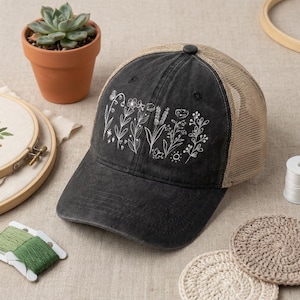 Minimalistisch bestickte Damenmütze aus gewaschenem Mesh mit Wildblumenmuster, Vintage-Baseballkappe für Damen, süße Mütze für Mütter