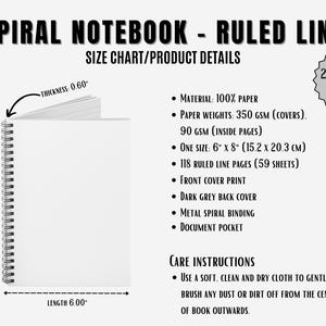 Spiraal notitieboek gelijnde lijn Maattabel Digitale download Handleiding voor notebookmaten Productreferentie Afdrukbaar dagboek Afmetingen gids 2 stijlen