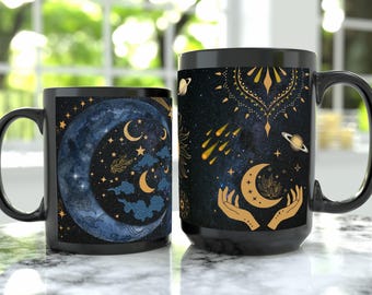 Celestial Crescent Moon Mug: Bohemian Astrology Coffee Cup