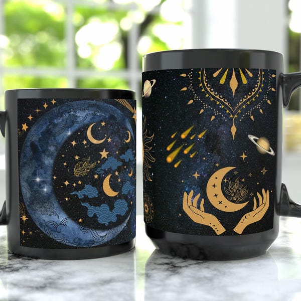 Celestial Crescent Moon Mug: Bohemian Astrology Coffee Cup