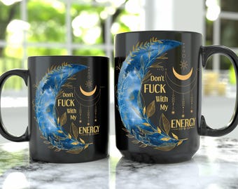 Celestial Moon Black Mug, Funny Spiritual Coffee Cup, Protective Energy