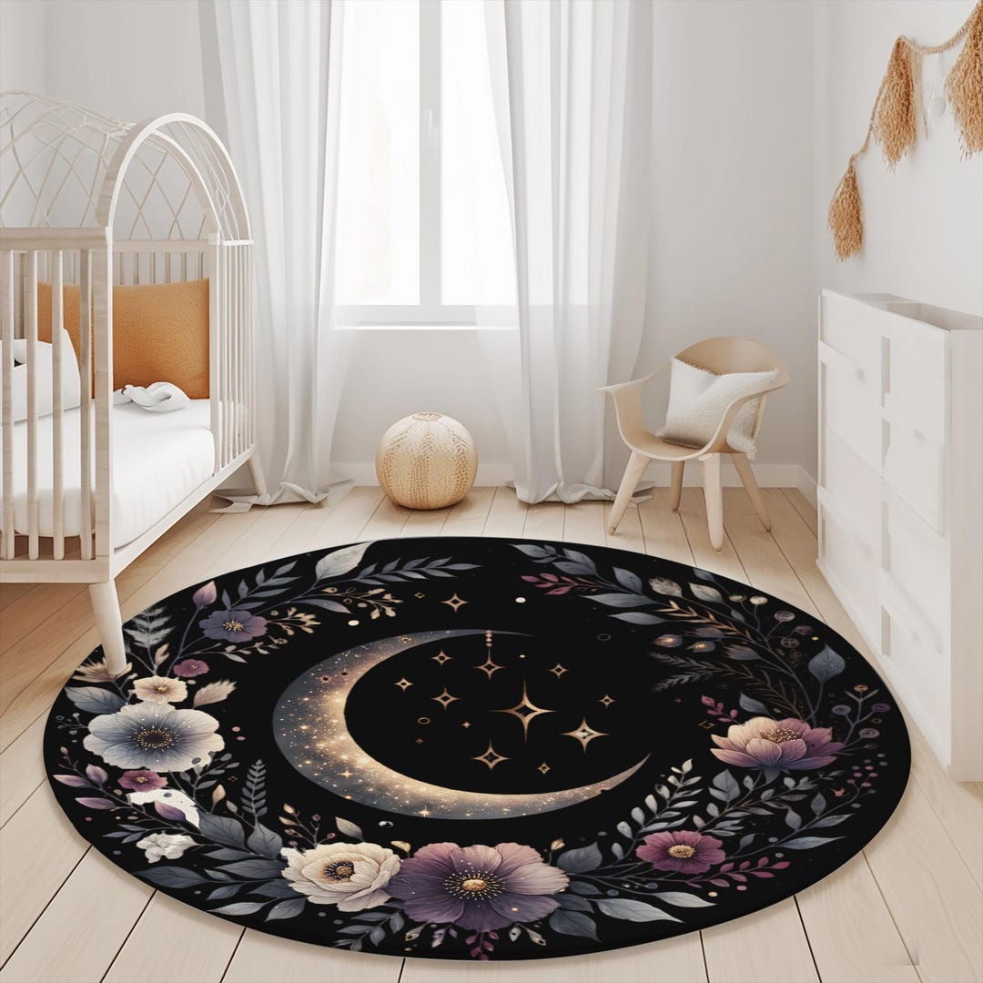 Moon Patterned Rugs Floral Crescent Moon Round Rug: Boho Celestial Decor (60