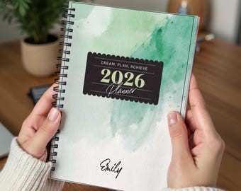 Personalized Minimalist Green Watercolor 2026 Spiral Planner Notebook, Dream Plan Achieve Journal