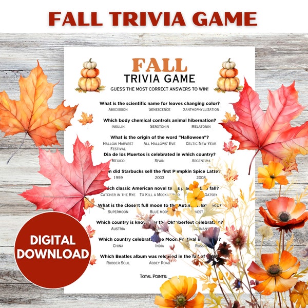 Trivia Game - Fall Trivia Quiz, Autumn Trivia, Printable Fall Quiz Game