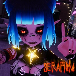May include: A digital illustration of a person with blue hair, red eyes, and dark makeup. They are wearing a black leather outfit with a pentagram necklace and the word "SERAPHIM" written in red across the bottom of the image.