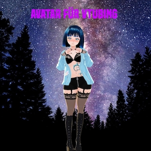 Pode incluir: Uma ilustração digital de uma personagem feminina de anime com cabelo azul e uma jaqueta azul. Ela está vestindo um sutiã preto e shorts pretos com uma liga preta e meias. O fundo é um céu noturno estrelado com silhuetas de árvores.