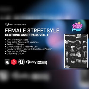 May include: A digital asset pack for creating female streetwear clothing. The pack includes 20+ clothing assets, free extra assets with updates, perfect UV maps, and is ready to use in Unity, Unreal, and Substance Painter. The pack also supports VRChat and has a good poly count.
