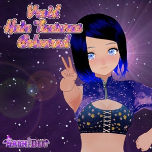 Puede incluir: Una ilustración digital de una mujer con cabello azul y un top corto con temática de galaxia. El texto "Void Hair Textures Coloured" se muestra sobre la cabeza de la mujer.
