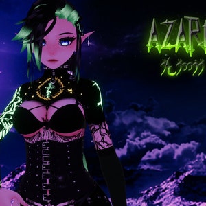 May include: A digital illustration of a female character with green hair and glowing tattoos. She is wearing a black corset and a black bra. The background is a dark purple sky with clouds and mountains. The text "AZARIA" is written in green letters in the upper right corner of the image.