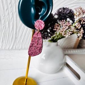Maroon Floral Pattered Teardrop Earrings - Clay - Handmade - Gold