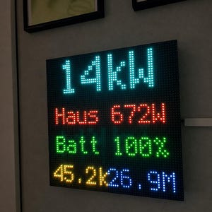 Pode incluir: Um painel de exibição LED digital quadrado com quatro linhas de texto em cores diferentes. A linha superior mostra 14kW em ciano, a segunda linha Haus 672W em vermelho, a terceira Batt 100% em verde e a linha inferior 45.2k 26.9M em amarelo e azul.