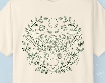 Gothic Floral Lunar Moth Skull Shirt - Celestial Moth Tshirt - Butterfly Graphic Goth Tees - Gothic Garden GIft - Dark Cottagecore Gifts