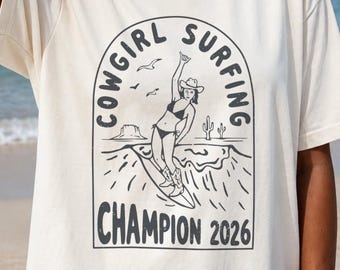 Coastal Cowgirl Surf T-Shirt, Retro Western Beach Tee, Comfort Colors Oversized Summer Shirt, Vintage Style Surfer Girl Graphic, Beach Shirt