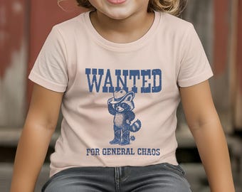 Wanted For General Chaos Raccoon Cowboy Vintage Style Funny Toddler Shirt, Funny Raccoon Ranch Shirt, Wild West Country Outlaw, Animal Lover