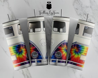 Hippie Van Bus Tumbler – 20oz Personalized Stainless Steel Double-Wall Vacuum Insulated with Twist-On Lid, Straw, Multiple Colors