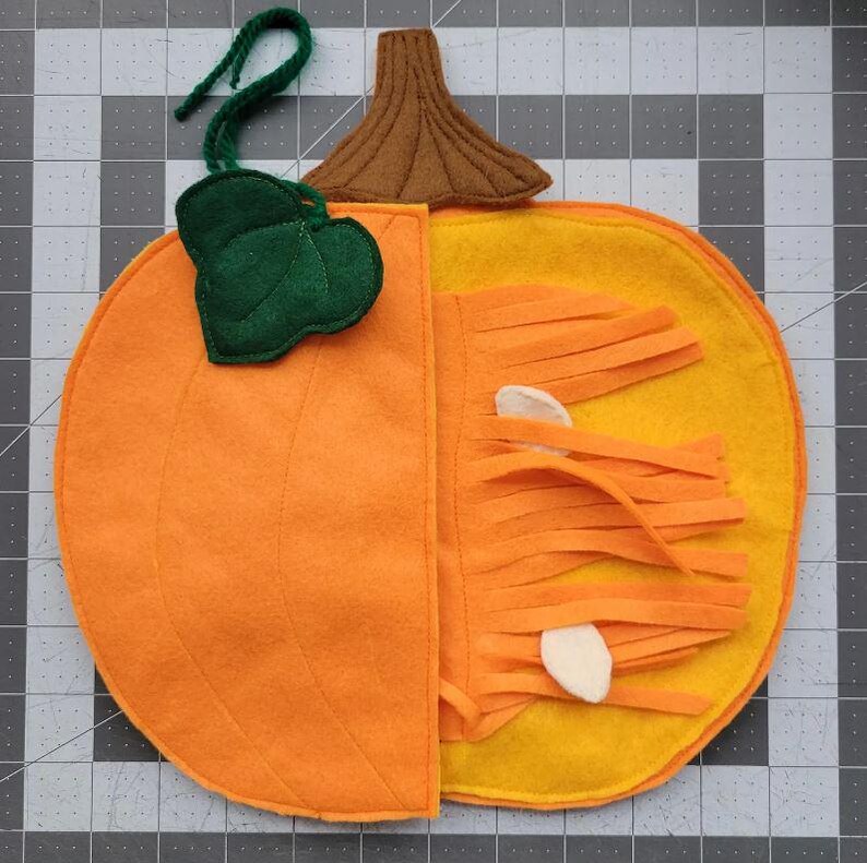 May include: A felt pumpkin toy with a removable top. The inside of the pumpkin is filled with orange felt strips and white felt seeds.
