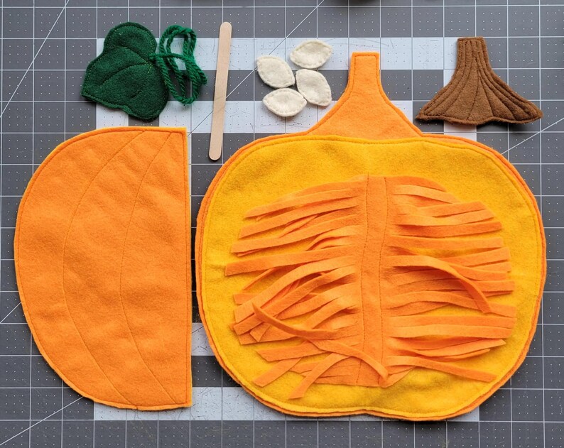 May include: A felt pumpkin craft activity for kids. The pumpkin is made of orange felt and has a removable top. The top has a felt stem and seeds. The inside of the pumpkin is filled with orange felt strips.