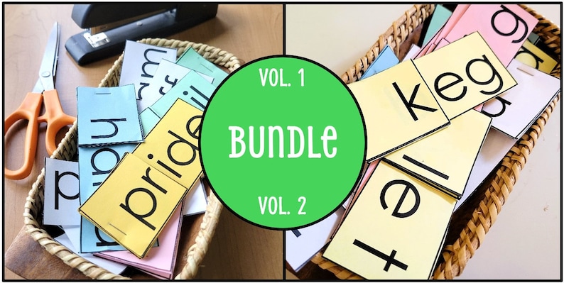 May include: Two baskets filled with colorful word building cards. The cards are labeled with different words, such as "pride", "keg", and "tell". The text "VOL. 1 BUNDLE VOL. 2" is visible on the image.